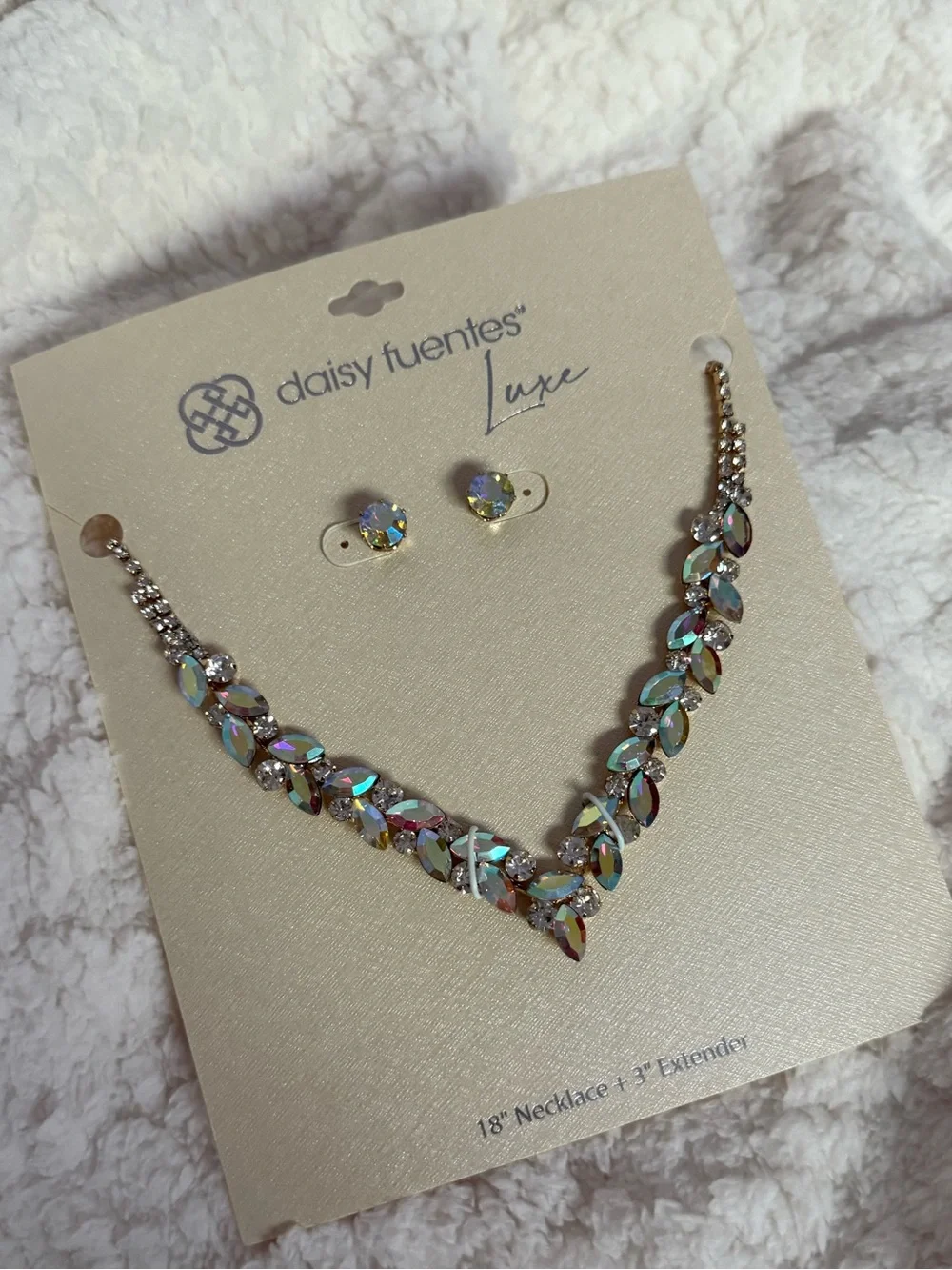 New! Daisy Fuentes Luxe Iridescent AB Crystal V Necklace with Stud Earrings